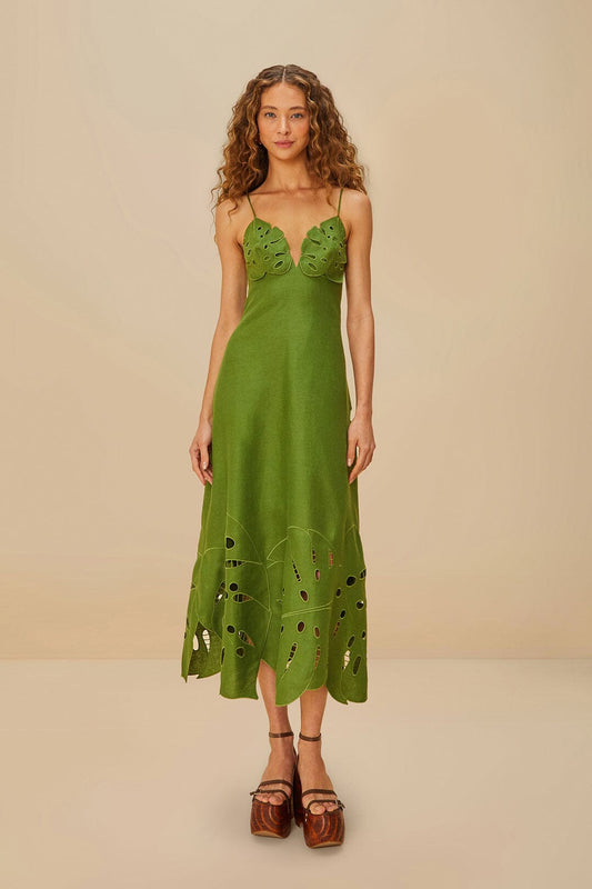 Green Monstera Embroidered Midi Dress
