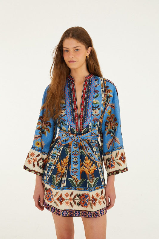 Blue Embroidered Tapestry Mini Dress