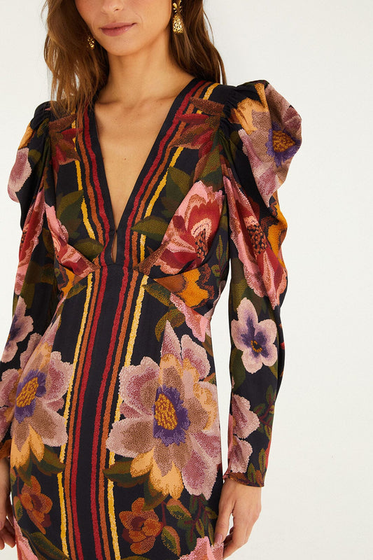 Black Chenille Flowers Midi Dress