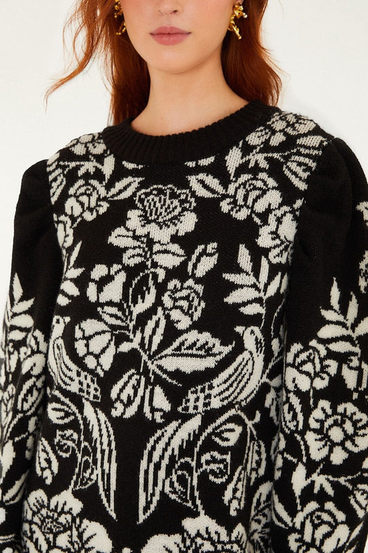 Black And White Cashew And Birds Knit Mini Dress