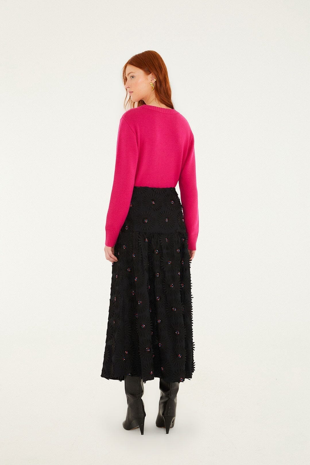 Black 3d Flowers Embroidered Midi Skirt