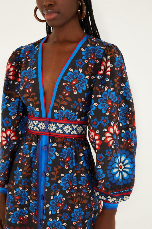Black Latina Scarf Puff Sleeve Mini Dress