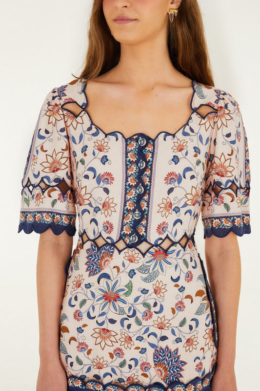 Pink Floral Delhi Tapestry Scallop Cut-Out Mini Dress