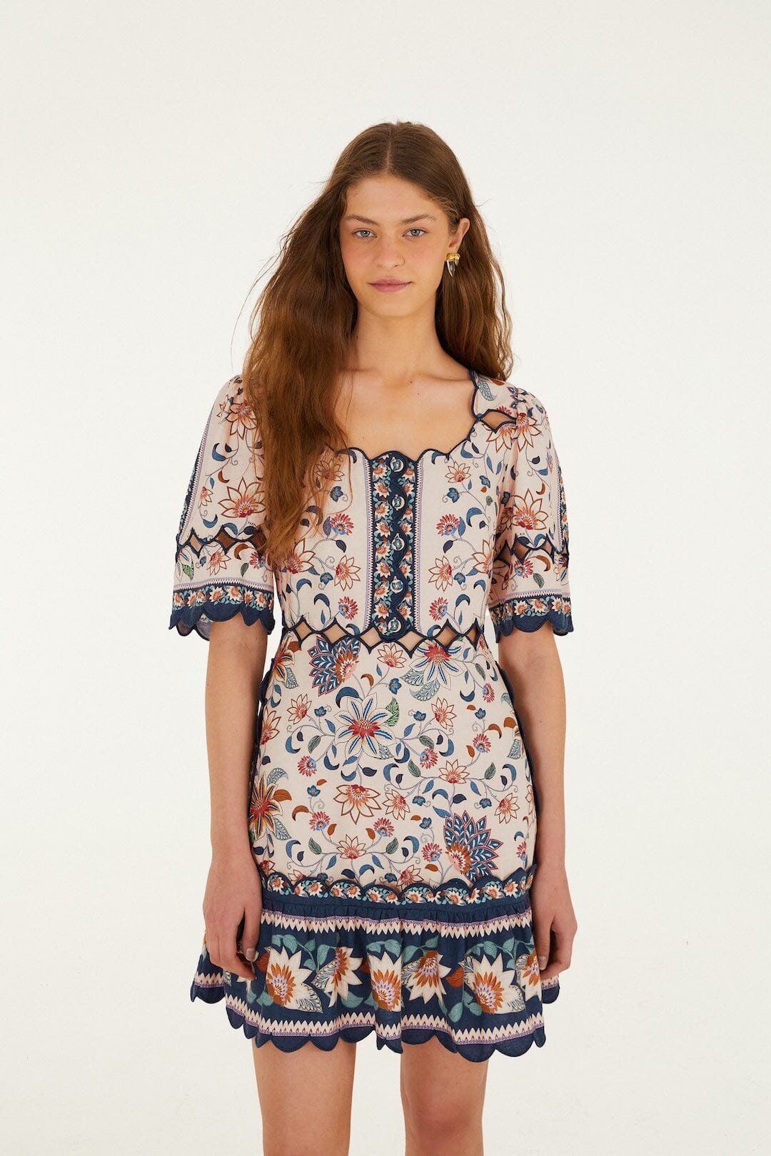 Pink Floral Delhi Tapestry Scallop Cut-Out Mini Dress