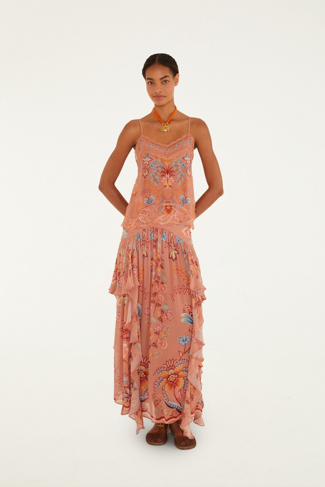 Mocha Boho Enhance Ruched Ruffled Maxi Skirt