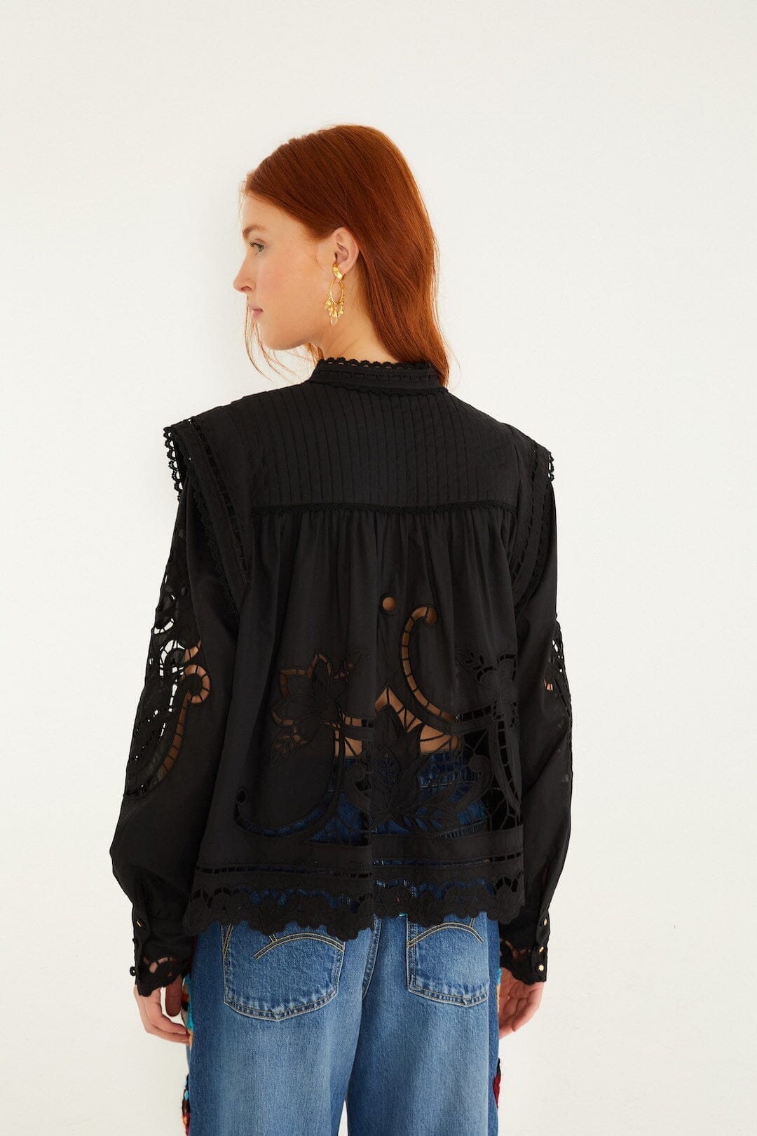 Black Richelieu Puff Sleeve Blouse