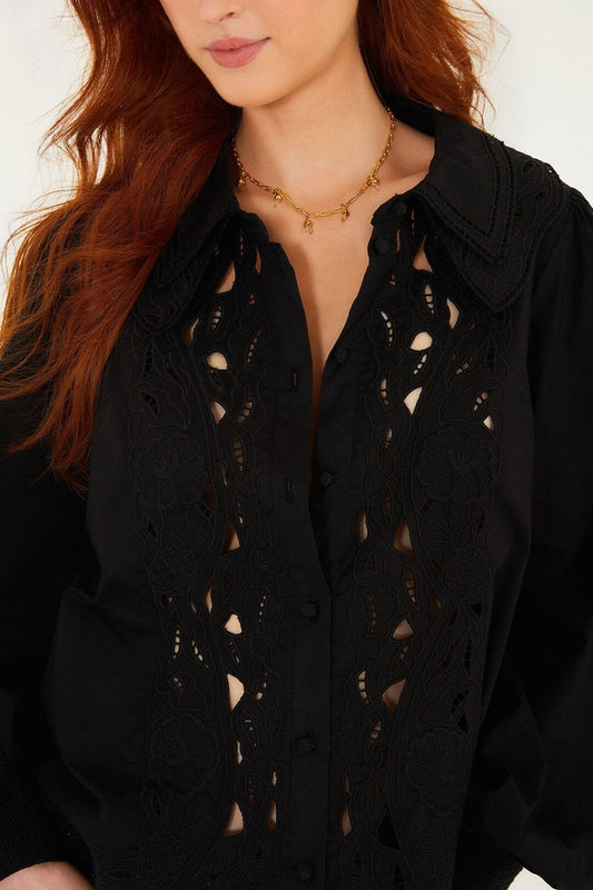 Black Embroidered Buttoned Puff Sleeve Shirt