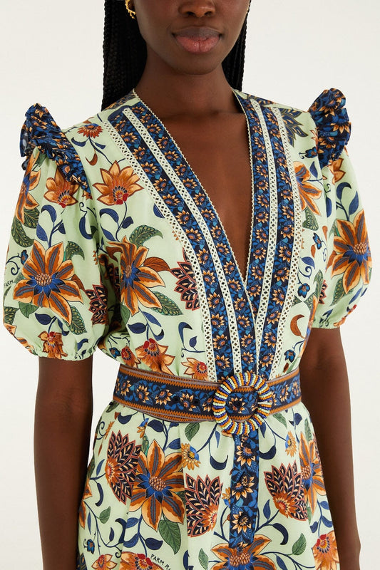 Light Green Floral Delhi Tapestry Belted Romper