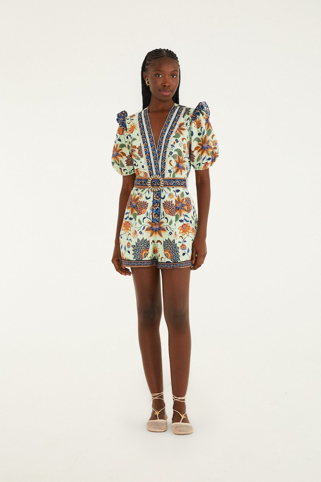 Light Green Floral Delhi Tapestry Belted Romper