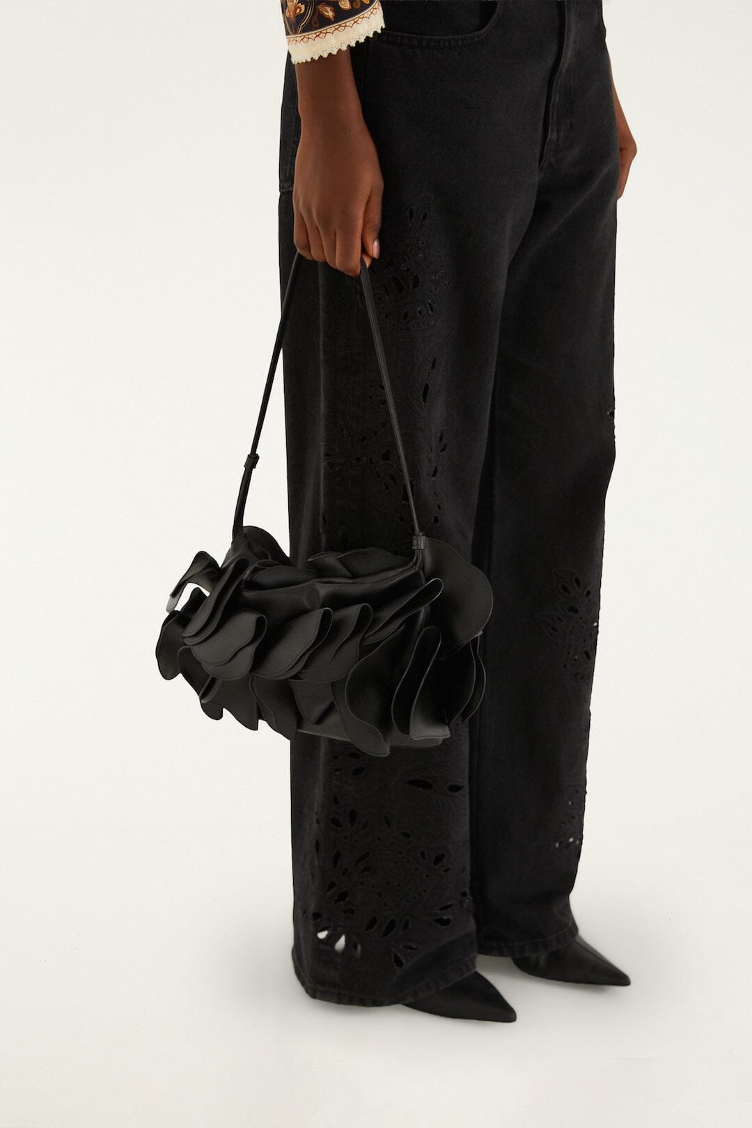 Black Leather Shoulder Flower Bag