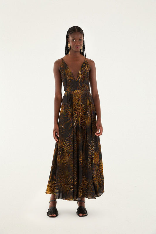 Black Fireworks Sleeveless Open Back Maxi Dress