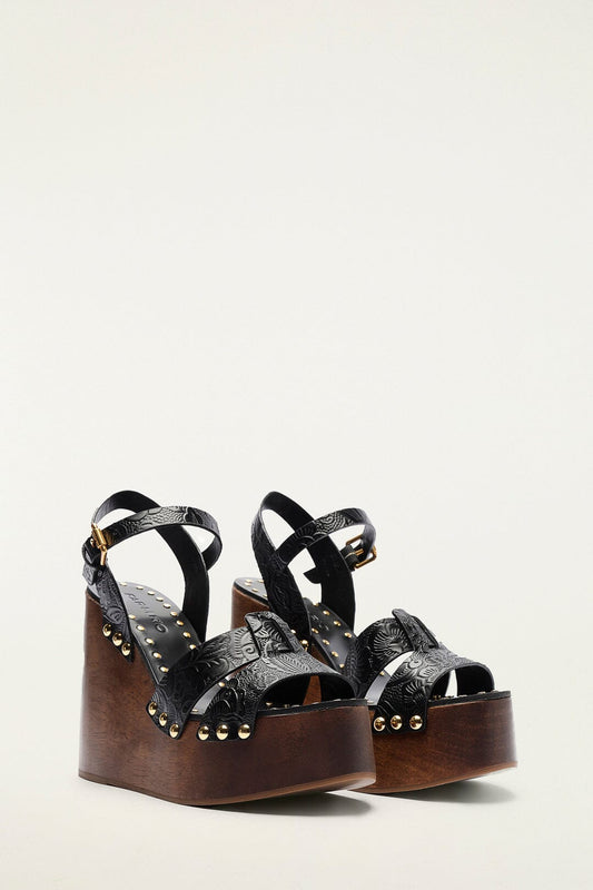 Black Studded Embossed Wedge Sandal