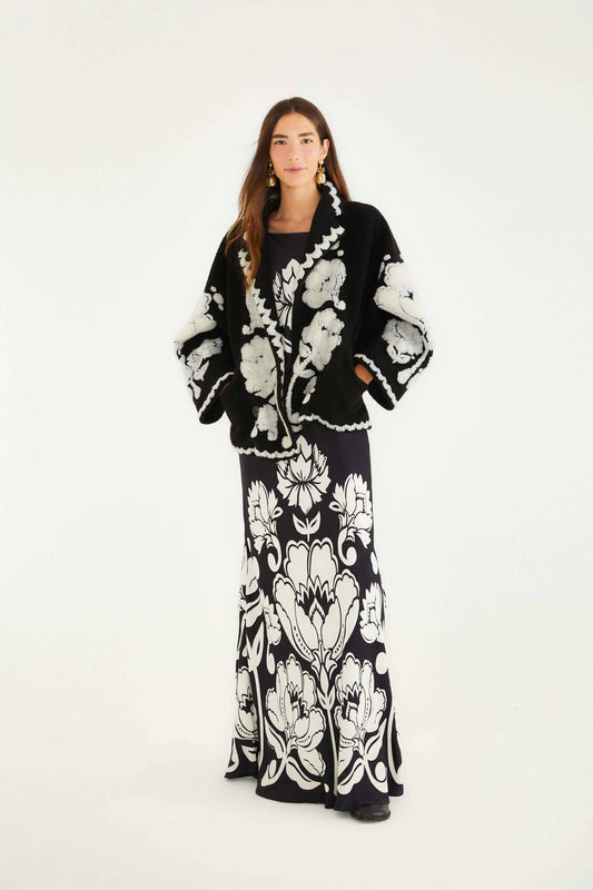 Black & White Floral Arabesque Fleece Coat