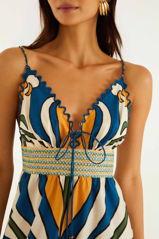 Multicolor Tropical Graphic Wavy Detail Maxi Dress