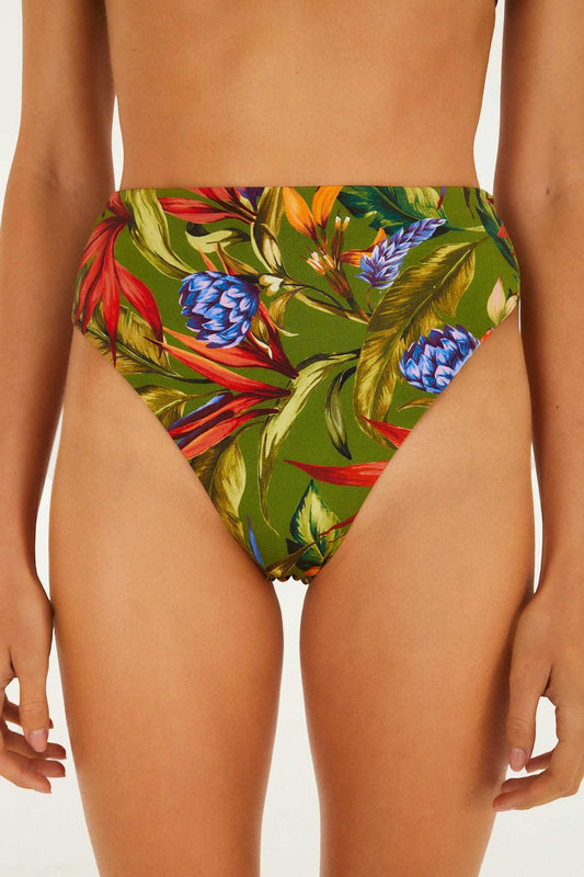Dark Green Strelitzia Hot Pants Bikini Bottom