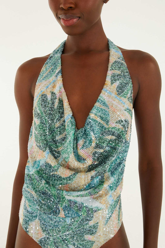Green Mosaic Sequined One Piece Swimsuit