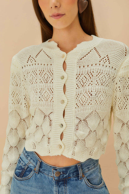 Off-White Mixed Lace Stitch Cardigan