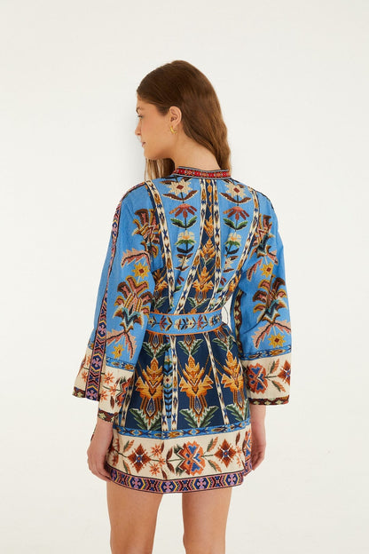 Blue Embroidered Tapestry  Mini Dress