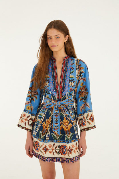 Blue Embroidered Tapestry  Mini Dress