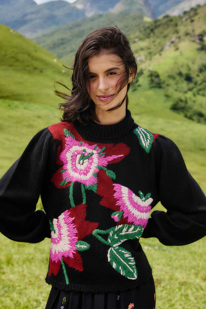 Black Bold Colorful Flower Embroidered Knit Sweater