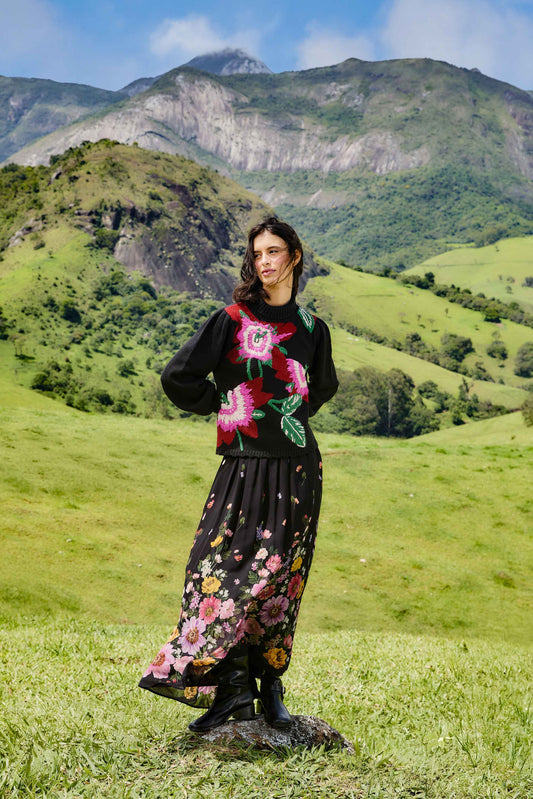 Black Bold Colorful Flower Embroidered Knit Sweater