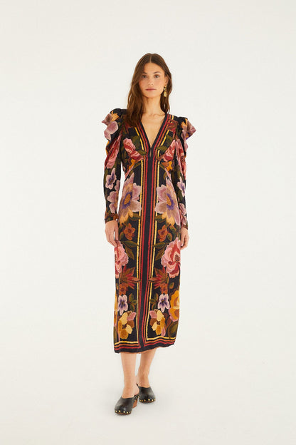 Black Chenille Flowers  Midi Dress