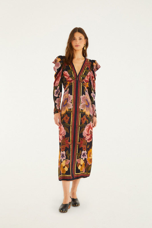 Black Chenille Flowers  Midi Dress
