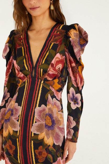 Black Chenille Flowers  Midi Dress