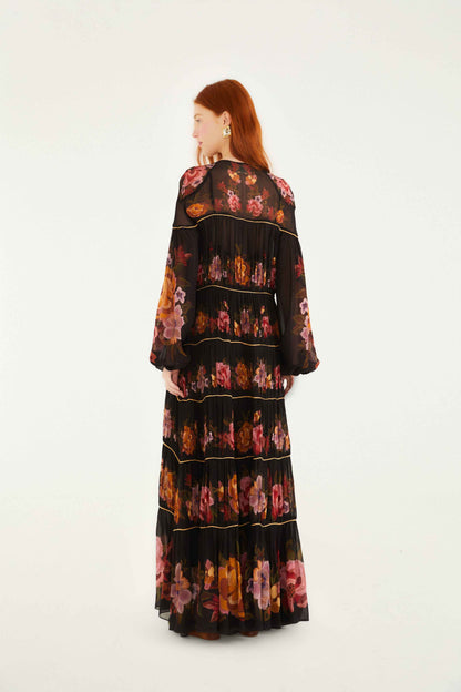 Black Chenille Flowers Long Sleeve Midi Dress