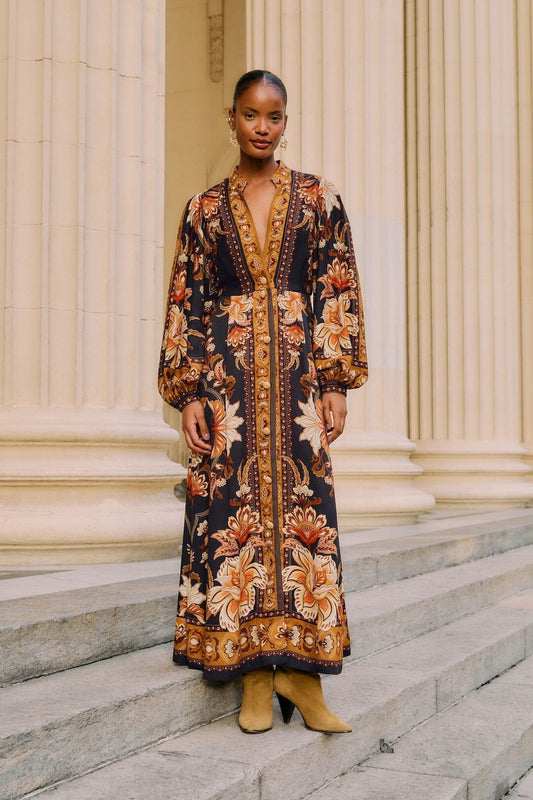 Black Majestic Garden Buttoned Puff Sleeve Maxi Dress