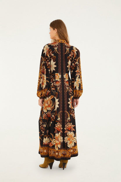 Black Majestic Garden Buttoned Puff Sleeve Maxi Dress