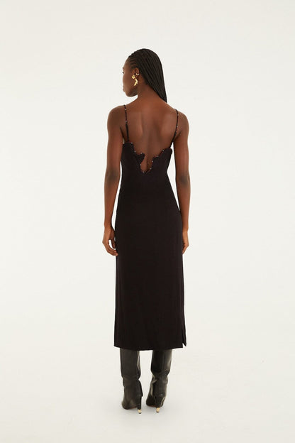 Black Beaded Neckline Sleeveless Midi Dress