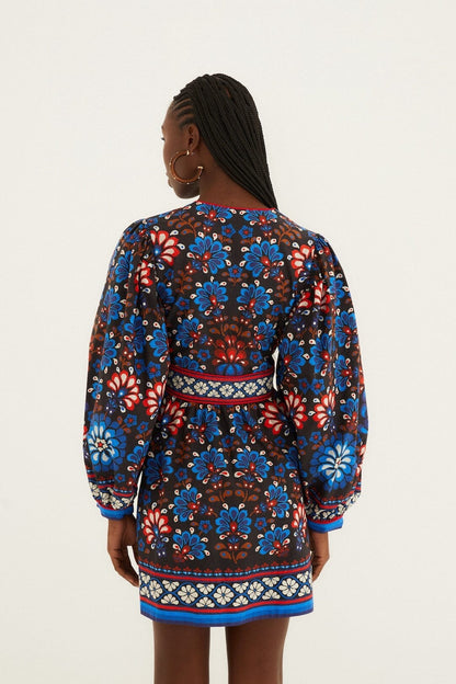 Black Latina Scarf Puff Sleeve  Mini Dress