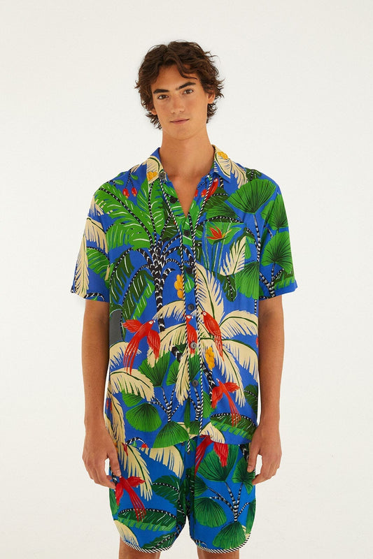 Blue Tropical Island Drawstring  Shorts