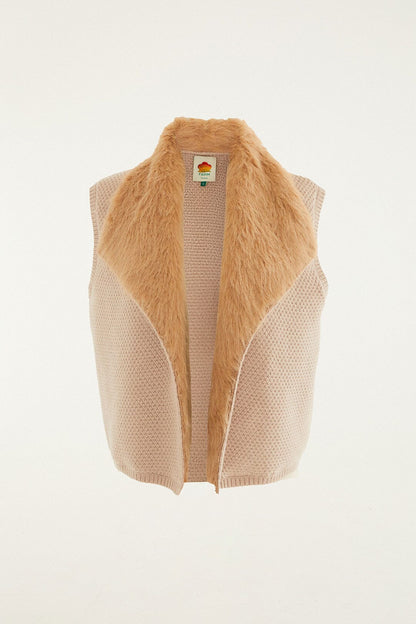 Beige Fur Sleeveless Knit Vest