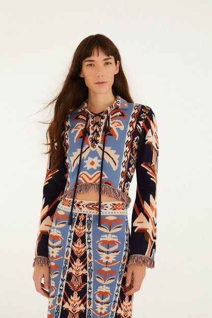 Multicolor Tapestry Fringes Knit Top