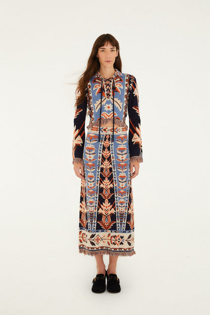 Multicolor Tapestry Fringes Knit Top