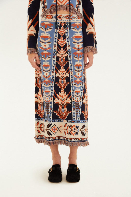 Multicolor Tapestry Fringes Knit Skirt