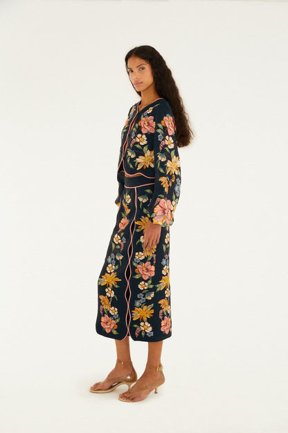 Dark Blue Maira Floral Midi Skirt