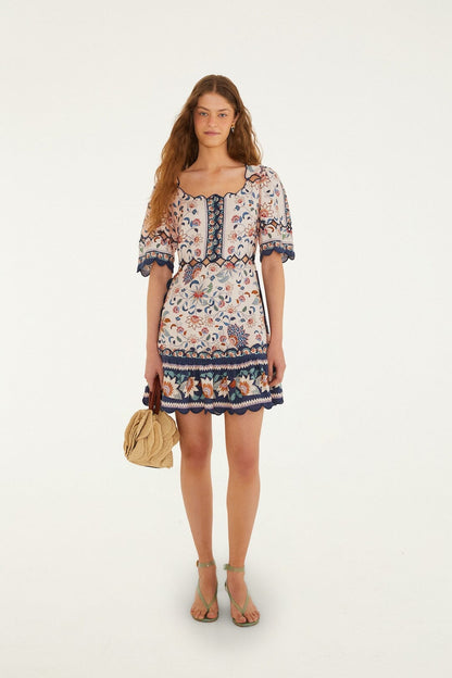 Pink Floral Delhi Tapestry Scallop Cut-Out Mini Dress