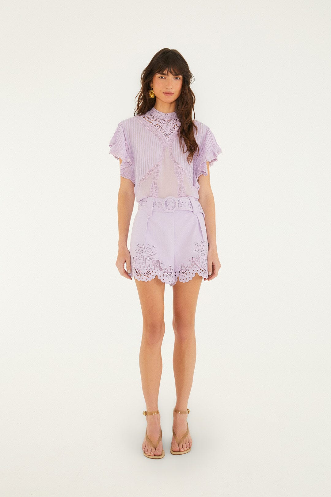 Lilac Geometric Richelieu Twill Belted Shorts