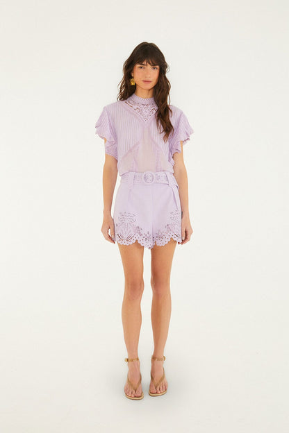 Lilac Geometric Richelieu Twill Belted Shorts