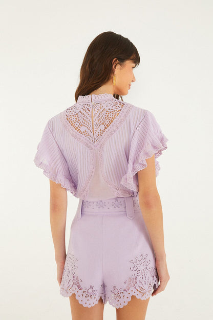 Lilac Geometric Richelieu Twill Belted Shorts