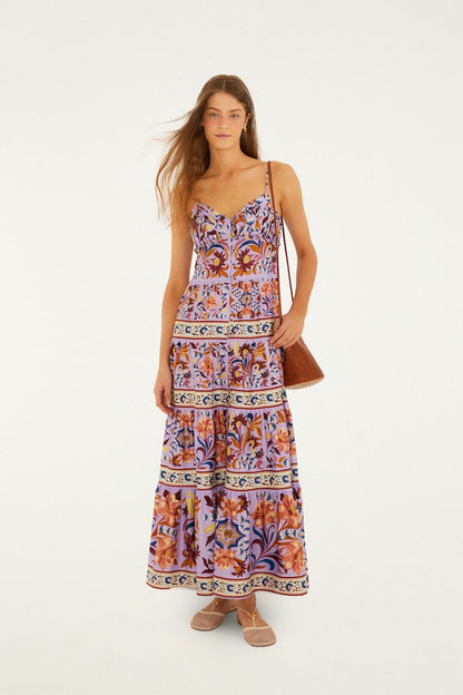 Lilac Flower Tiles Sleeveless Tiered Maxi Dress