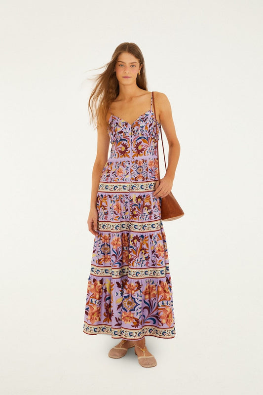 Lilac Flower Tiles Sleeveless Tiered Maxi Dress