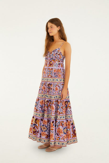 Lilac Flower Tiles Sleeveless Tiered Maxi Dress