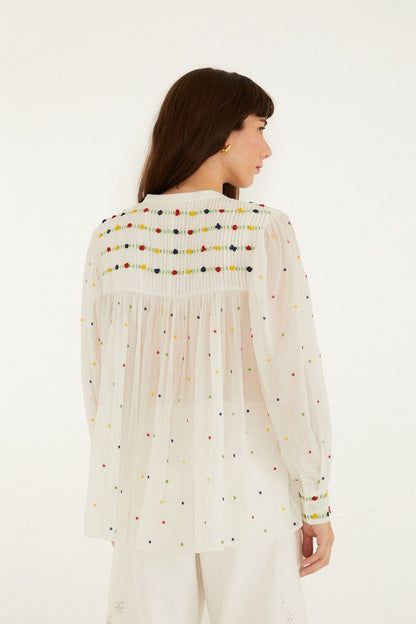 Off-White Embroidered Beads  Long Sleeve Blouse