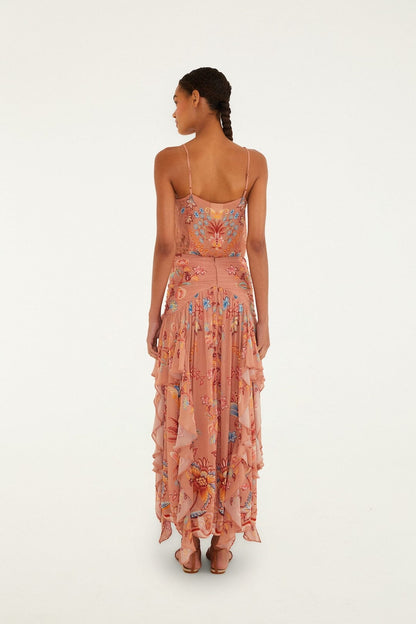 Mocha Boho Enhance Ruched Ruffled Maxi  Skirt