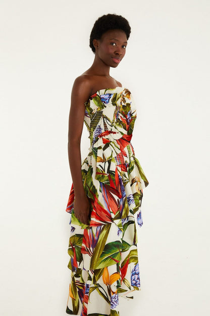 Sand Florart Strapless Maxi Dress