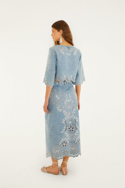 Denim Richelieu Wavy Hem Midi Skirt